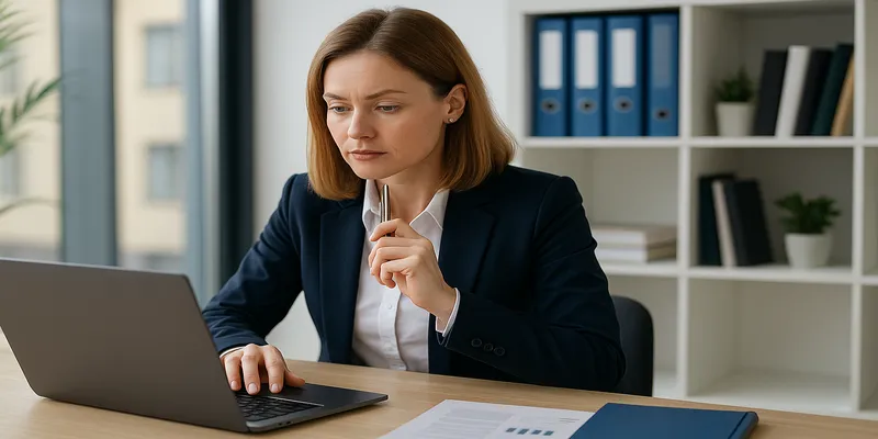 FG controleert AVG-documenten op laptop in rustige kantooromgeving